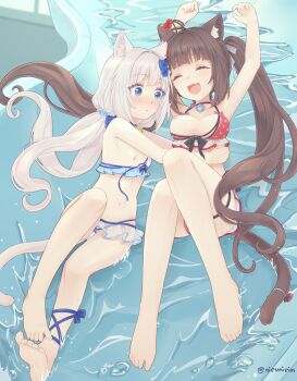 2girls :d ^_^ absurdres ahoge animal_ear_fluff animal_ears arm_ribbon armpits arms_up barefoot bell bikini black_choker black_ribbon blue_bow blue_eyes blue_ribbon blue_scrunchie blunt_bangs blush bow bow_bikini breasts breasts_apart brown_hair cat_ears cat_girl cat_tail chocola_(nekopara) choker closed_eyes closed_mouth collarbone commentary commission english_commentary eyes_visible_through_hair facing_viewer feet floating_hair frilled_bikini frills full_body hair_bow hair_ornament hair_ribbon hair_scrunchie happy highres hug indoors jingle_bell knees_up leg_ribbon legs long_hair looking_at_another looking_at_breasts low_twintails medium_breasts multi-strapped_bikini_bottom multiple_girls navel neck_bell nekopara nipples nirunirin one_breast_out open_mouth parted_lips pink_bow polka_dot polka_dot_bikini pool red_bikini red_bow ribbon scrunchie siblings sidelocks sisters sliding small_breasts smile soles stomach swimsuit tail tail_bow tail_ornament thigh_strap thighs toes twintails twitter_username vanilla_(nekopara) very_long_hair wardrobe_malfunction water water_drop water_slide wet white_bikini white_hair white_ribbon wide-eyed