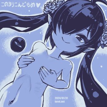 1girl ;) ahoge backbeako_(torotei) backbeard blue_background blush breasts collarbone commentary_request completely_nude covering_breasts covering_privates dated dated_commentary dutch_angle female_focus flower gegege_no_kitarou hair_flower hair_ornament hair_over_one_eye kono_lolicon_domome loli long_hair looking_at_viewer monochrome navel nude one_eye_closed original paid_reward_available pointy_ears ribs simple_background small_breasts smile solo torotei translated twintails upper_body watermark web_address