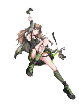 1girl black_choker black_dress black_shoes breasts brown_hair camouflage camouflage_jacket choker closed_mouth controller double_bun dress full_body fur-trimmed_jacket fur_trim game_controller girls'_frontline green_eyes hair_bun jacket jewelry lezard18 long_hair looking_at_viewer medium_breasts necklace open_clothes open_jacket rfb_(girls'_frontline) shoes smile socks solo striped_clothes striped_socks toy vertical-striped_clothes vertical-striped_socks white_background