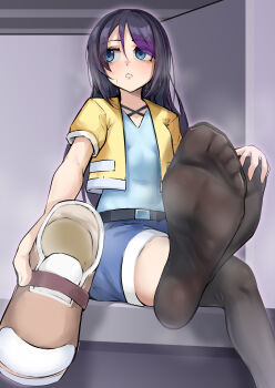 1girl absurdres black_hair black_thighhighs blue_eyes crossed_legs feet highres holding holding_shoes holding_unworn_clothes long_hair looking_to_the_side losty parted_lips see-through_clothes see-through_legwear shoes shorts smell soles steam thighhighs toes unworn_shoes