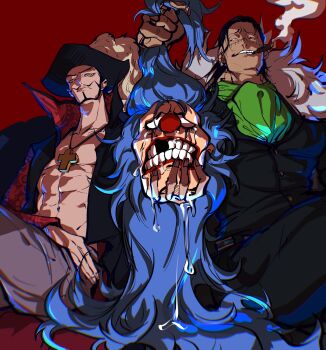 Rule 34 | 3boys, abs, ascot, beard, black vest, blue hair, buggy the clown, cigar, clenched teeth, closed mouth, coat, commentary request, crocodile (one piece), cross pendant, dracule mihawk, facial hair, green ascot, hair slicked back, hat feather, high collar, highres, holding, holding detached head, long hair, male focus, missing tooth, multiple boys, one piece, red background, red lips, saliva, simple background, smile, stitched face, stitches, teeth, vest, yellow eyes, yuan jessie0430