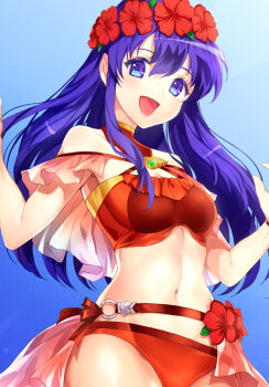 1girl :d bare_shoulders bikini blue_background blue_eyes blue_hair blue_sky breasts cleavage_cutout clothing_cutout cowboy_shot day female_focus fire_emblem fire_emblem:_the_binding_blade fire_emblem_heroes flower frills gradient_background head_wreath jurge lilina_(fire_emblem) lilina_(summer)_(fire_emblem) long_hair navel nintendo o-ring open_mouth outdoors red_bikini red_flower simple_background sky small_breasts smile solo stomach swimsuit w_arms waist_cape