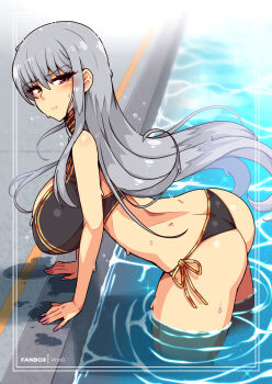 1girl bikini breasts day grey_hair huge_breasts long_hair midriff navel partially_submerged pool poolside red_eyes selvaria_bles senjou_no_valkyria senjou_no_valkyria_(series) senjou_no_valkyria_1 side-tie_bikini_bottom solo string_bikini swimsuit virus-g