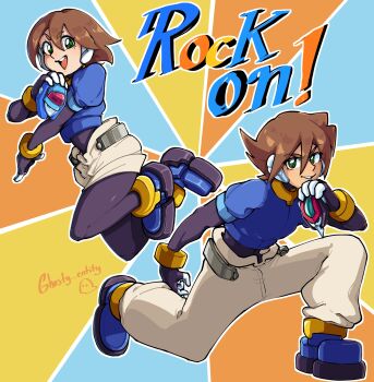 1boy 1girl absurdres aile_(mega_man_zx) biometal black_bodysuit blue_background blue_jacket bodysuit bodysuit_under_clothes brown_hair cropped_jacket english_text ghosty_entity green_eyes henshin_pose highres jacket mega_man_(series) mega_man_zx model_x_(mega_man) model_z_(mega_man) open_mouth orange_background pants robot_ears short_hair shorts simple_background twitter_username vent_(mega_man) white_pants white_shorts yellow_background