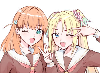 1girl ;d aqua_eyes aqua_hair blonde_hair blue_eyes blush brown_dress commentary curtained_hair dress fang gradient_hair hair_ornament hasu_no_sora_school_uniform highres hinoshita_kaho link!_like!_love_live! long_hair long_sleeves looking_at_viewer love_live! medium_hair multicolored_hair neckerchief one_eye_closed open_mouth orange_hair osawa_rurino parted_bangs rabbit_hair_ornament red_neckerchief sailor_collar sailor_dress school_uniform simple_background smile solo symbol-only_commentary twintails two_side_up upper_body v v_over_eye virtual_youtuber white_background white_sailor_collar winter_uniform zangemiya