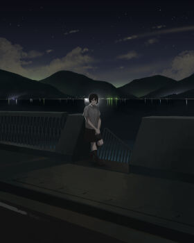 Rule 34 | 1girl, black hair, black shoes, black skirt, black socks, cloud, commentary request, fence, kneehighs, leaning back, loafers, mountain, night, original, scenery, school uniform, shiira, shirt, shoes, short sleeves, skirt, sky, smile, socks, solo, standing, water, white shirt, wide shot