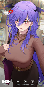 1girl :o absurdres anger_vein angry bag bat_wings belt black_nails black_pantyhose black_skirt blush bookstore brown_shirt commentary cowboy_shot earrings english_commentary eyelashes fingernails gem gold_belt gold_earrings gold_necklace hair_between_eyes head_wings highres impossible_clothes impossible_shirt indie_virtual_youtuber jewelry long_hair long_sleeves looking_at_viewer mismatched_eyebrows mole mole_under_eye mythia_batford necklace nessa_(pokemon) open_mouth pantyhose pencil_skirt purple_bag purple_hair raised_eyebrows red_eyes red_gem selfie sharp_fingernails shirt shop skirt slit_pupils solo taut_clothes taut_shirt tote_bag turtleneck turtleneck_shirt user_interface v-shaped_eyebrows very_long_hair virtual_youtuber wings zeragoes