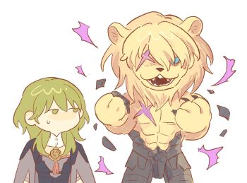 1boy 1girl abs animal_ears armor broken_armor claws cross_scar dimitri_alexandre_blaiddyd dimitri_alexandre_blaiddyd_(blue_lion) facing_viewer fangs female_byleth_(fire_emblem) fire_emblem fire_emblem:_three_houses fire_emblem_shadows frelyaskn furry furry_male green_hair highres lion_boy lion_ears lion_mane looking_at_another muscular muscular_male nintendo open_mouth pectorals scar scar_across_eye scar_on_chest scar_on_face sweatdrop topless_male white_background