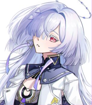 Rule 34 | 1girl, absurdres, colored eyelashes, commentary, earrings, grey hair, hair intakes, hair ornament, halo, highres, jacket, jewelry, long hair, looking at viewer, mornye (wuthering waves), parted lips, red eyes, signature, solo, triangle earrings, upper body, veri, white jacket, wuthering waves