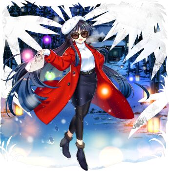 1girl alternate_costume bag bamboo belt black_belt black_boots black_hair black_leggings black_skirt boots breath coat contemporary danmaku earrings eientei footprints fur-trimmed_boots fur_trim game_cg handbag hat high_heel_boots high_heels highres houraisan_kaguya jewelry leggings long_hair long_sleeves looking_at_viewer necklace official_art open_clothes open_coat open_mouth outdoors pendant red_coat rotte_(1109) skirt smile snow solo sunglasses sweater third-party_source touhou touhou_lostword transparent_background very_long_hair white_bag white_hat white_sweater