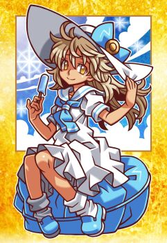 Rule 34 | 1girl, blonde hair, blue bow, blue neckerchief, blue shoes, bow, closed mouth, commentary request, dress, food, hair between eyes, hand on headwear, harakawa mitsuhiro, hat, hat bow, highres, hikari (shinrabanshou), holding, holding food, holding popsicle, long hair, loose socks, neckerchief, official art, popsicle, sailor collar, shinrabanshou, shoes, short sleeves, sitting, socks, solo, sparkle, sun hat, white dress, white hat, white sailor collar, yellow eyes