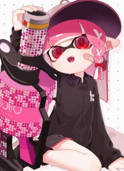.96_gal_(splatoon) 1girl bandaid bandaid_on_cheek bandaid_on_face baseball_cap black_shirt black_shorts collared_shirt commentary dolphin_shorts hat highres inkling inkling_girl inkling_player_character long_hair looking_at_viewer nintendo open_mouth pink_hair pink_trim pointy_ears red_eyes red_pupils sabata_saba shirt shorts sitting smile solo splatoon_(series) splatoon_3 symbol-only_commentary tentacle_hair