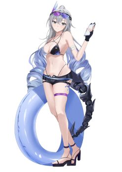 1girl alternate_breast_size_(larger) bikini black_gloves black_shorts breasts cleavage commentary fingerless_gloves gem gloves goggles goggles_on_head grey_eyes grey_hair highres holding holding_phone honkai:_star_rail honkai_(series) innertube jewelry large_breasts long_hair looking_at_viewer mechanical_tail multicolored_bikini navel necklace phone platform_heels shinonome_izumi short_shorts shorts silver_wolf_(honkai:_star_rail) silver_wolf_(lv.999)_(honkai:_star_rail) simple_background solo swim_ring swimsuit tail thigh_strap thighs two-tone_bikini untranslatable_commentary very_long_hair white_background