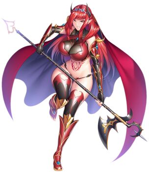 1girl alectra armor bikini_armor breasts cape cleavage curvy demon_girl elbow_gloves full_body gloves highres holding holding_weapon horns jumping long_hair looking_at_viewer navel non-web_source official_art pointy_ears red_cape red_eyes red_hair revealing_clothes shiny_clothes shiny_skin stomach_tattoo taimanin_(series) taimanin_rpgx tattoo thighs thong tiara transparent_background weapon wide_hips zol