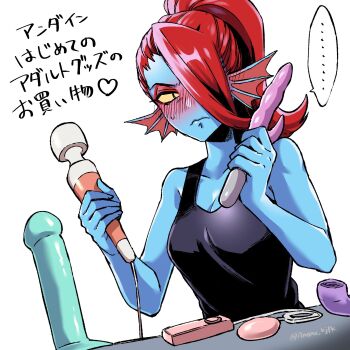 ... 1girl amane_(yukiango69) black_shirt blue_skin blush breasts cleavage collarbone colored_sclera colored_skin dildo fins fish_girl hands_up head_fins highres hitachi_magic_wand holding holding_sex_toy medium_breasts ponytail red_hair remote_control_vibrator sex_toy shirt sleeveless sleeveless_shirt small_sweatdrop solo spoken_ellipsis twitter_username undertale undyne utdr_(toby_fox) vibrator yellow_sclera