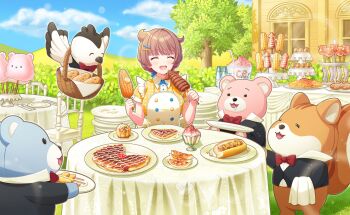 1girl :d animal apron bear bird blue_sky bow bread brown_hair cake chair closed_eyes cloud commentary_request cup day dog dress flower food fork game_cg grass hair_ornament hairclip hat highres holding holding_knife knife official_art open_mouth outdoors pancake plate rabbit sandwich sasuga_chisa sitting sky smile table tablecloth teacup third-party_source tree world_dai_star