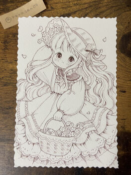 Rule 34 | 1girl, absurdres, artist name, basket, closed mouth, commentary request, dress, flower, hand on headwear, hat, highres, holding, holding basket, long hair, long sleeves, looking at viewer, monochrome, original, solo, straw hat, tato (kunikida-3), traditional media, twitter username, wavy hair