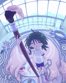 Rule 34 | >:), 2girls, absurdres, alcohol, artist name, blush, green hair, gym uniform, hair ornament, highres, holding, holding paintbrush, indoors, kurohanenone, looking at viewer, low twintails, mogawa (shimeji simulation), multiple girls, mural, paint can, paintbrush, painting (action), pink hair, ponytail, shimeji simulation, shoes, sneakers, squinting, sumida (shimeji simulation), twintails, v-shaped eyebrows, wading pool