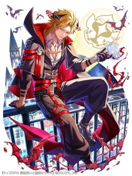 1boy alcohol arm_support bat_(animal) belt black_gloves black_jacket black_pants black_shoes black_socks blonde_hair border chalice character_request closed_mouth collared_shirt commentary_request copyright_notice cropped_jacket cup curtained_hair dragon_boy dragon_tail earrings gloves gold_earrings harness head_wings holding holding_cup jacket jewelry kiba_tori looking_at_viewer mahou_tsukai_to_kuroneko_no_wiz male_focus on_railing open_clothes open_jacket pants partially_unbuttoned railing red_belt round_border searchlight shirt shoes short_hair_with_long_locks sitting smile socks solo spilling tail thigh_strap white_background white_shirt wine wings yellow_eyes