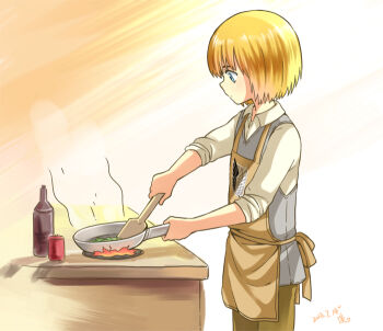 Rule 34 | 1boy, androgynous, apron, armin arlert, blonde hair, blue eyes, bob cut, commentary request, cooking, dress shirt, from side, frying pan, holding, holding pan, ladle, looking down, male focus, moxue qianxi, pants, profile, shingeki no kyojin, shirt, short hair, solo, survey corps (emblem), vest