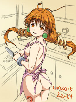 Rule 34 | 1girl, antenna hair, apron, artist name, ass, athena 2.0, back, bracelet, breasts, cowboy shot, earrings, ebichiri (alicesoft), fish, from behind, half-closed eyes, indoors, jewelry, kitchen, leg tattoo, looking at viewer, looking back, low twintails, medium breasts, naked apron, number tattoo, official art, orange eyes, orange hair, parted lips, pink apron, rance (series), sink, sketch background, smile, solo, tattoo, twintails