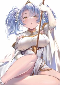 1girl blue_hair breasts brown_eyes elbow_gloves gloves granblue_fantasy hair_ornament holding holding_staff large_breasts legs long_hair looking_at_viewer open_mouth p_answer solo sophia_(granblue_fantasy) staff standing twintails white_gloves