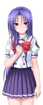 1girl blue_hair blush bow game_cg hair_ornament higuchi_isami large_variant_set long_hair looking_at_viewer mahou_shoujo_sae murakami_shizuru non-web_source official_art pleated_skirt purple_hair red_eyes school_uniform skirt solo transparent_background variant_set