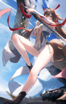 1girl absurdres animal_ears architecture bare_legs black_shoes blue_sky breasts brown_hair china_dress chinese_clothes cloud commentary covered_navel day detached_sleeves dress droopy_ears east_asian_architecture from_below hairband highres holding holding_sword holding_weapon horse_ears horse_girl horse_tail jian_(weapon) large_breasts legs long_hair outdoors paid_reward_available pelvic_curtain red_eyes reverse_grip see-through_clothes shoes sky sleeveless sleeveless_dress solo sword sword_tassel tail tassel weapon white_dress white_hairband yawww_(yawwwart) ye_shunguang zenless_zone_zero