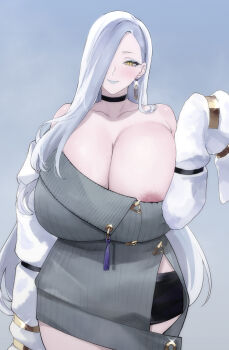 1girl absurdres areola_slip asymmetrical_bangs bare_shoulders black_choker black_skirt blood_hood blue_eyeshadow blue_lips blush breasts choker cleavage closed_mouth clothing_cutout collarbone commentary cowboy_shot curvy dress earrings english_commentary eyelashes eyeshadow fate/grand_order fate_(series) fur_jacket glint grey_background grey_dress hair_over_one_eye highres hip_vent hoop_earrings huge_breasts jacket jewelry lipstick long_hair looking_at_viewer makeup mature_female microskirt mrs._snake_(fate) open_clothes open_jacket pencil_skirt ribbed_dress simple_background skirt sleeves_past_fingers sleeves_past_wrists slit_pupils smile solo standing straight_hair strapless strapless_dress sweater sweater_dress tassel white_hair white_jacket yellow_eyes