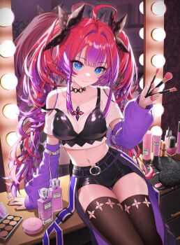 1girl absurdres ahoge arm_support belt black_belt black_bow black_bra black_shorts black_thighhighs blue_hair bottle bow bra bra_over_clothes breasts closed_mouth clothing_cutout collarbone colored_inner_hair commentary cosmetics crop_top dated_commentary dead_10001 desk detached_sleeves gradient_hair hair_bow hair_intakes hand_up head_tilt highres holding holding_brush holding_makeup_brush hololive hololive_dev_is indoors kikirara_vivi kikirara_vivi_(1st_costume) light_bulb long_hair looking_ahead makeup makeup_brush medium_breasts midriff mirror multicolored_hair navel on_desk perfume_(cosmetics) perfume_bottle pink_hair purple_hair purple_sleeves reflection short_shorts short_sleeves shorts shoulder_cutout sidelocks sitting sleeves_past_wrists solo star_(symbol) strap_slip symbol-shaped_pupils thighhighs thighs twintails underwear very_long_hair virtual_youtuber