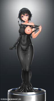 1girl artist_name black_hair blue_eyes bodysuit breasts collarbone covered_erect_nipples covered_navel glasses highres impossible_bodysuit impossible_clothes large_breasts latex liquid looking_at_viewer midnight_(banyex) one_breast_out original shiny_clothes short_hair simple_background skin_tight solo tearing_clothes torn_clothes watermark web_address