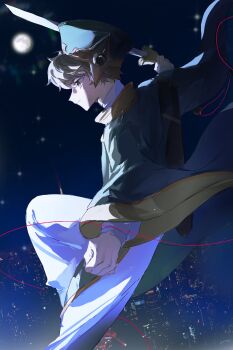 1boy absurdres brown_hair cardcaptor_sakura chinese_clothes commentary_request green_tabard highres holding holding_sword holding_weapon kwkovix li_syaoran male_focus night pants sheath short_hair solo sword tabard weapon white_pants wide_sleeves