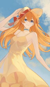 1girl absurdres blue_choker blue_eyes blurry_edges breasts choker cloud cloudy_sky dress floating_hair hair_between_eyes hand_on_own_hat hat highres jiabingkele long_hair looking_at_viewer neon_genesis_evangelion orange_hair red_ribbon ribbon sky smile souryuu_asuka_langley sun_hat sundress