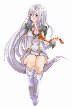 Rule 34 | 1girl, bad id, bad pixiv id, boots, cruizer, felli loss, female focus, frilled skirt, frills, image sample, koukaku no regios, long hair, md5 mismatch, necktie, panties, pantyshot, pixiv sample, purple eyes, sitting, skirt, solo, underwear, uniform, white hair