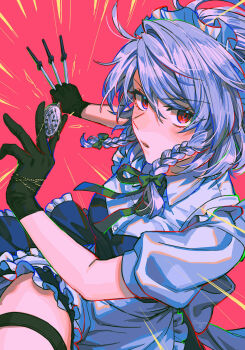 Rule 34 | 1girl, apron, back bow, between fingers, black gloves, blush, bow, braid, buttons, chain, collared dress, commentary request, dated, dress, dutch angle, emphasis lines, fighting stance, frilled apron, frilled dress, frills, gloves, gold chain, green bow, green ribbon, grey hair, hair bow, highres, holding, holding knife, holding pocket watch, izayoi sakuya, knife, knives between fingers, looking at viewer, maid, maid apron, maid headdress, neck ribbon, noriuma, parted lips, pink background, pocket watch, puffy short sleeves, puffy sleeves, red eyes, ribbon, short hair, short sleeves, signature, simple background, solo, thigh strap, touhou, twin braids, watch, white apron, white bow, wing collar