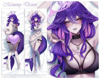 1girl bow breasts censored choker colored_inner_hair commentary crossed_bangs dakimakura_(medium) dress english_commentary eyelashes facial_mark fins fish_tail frilled_choker frilled_thigh_strap frills hair_between_eyes hair_bow halo heart heart-shaped_pupils heart_censor highres hime_tyan_art indie_virtual_youtuber jewelry long_hair median_furrow megalodon_(vtuber) multicolored_hair necklace pink_hair purple_hair shark_girl shark_tail sharp_teeth sleeves_past_fingers sleeves_past_wrists sweater sweater_dress symbol-shaped_pupils tail teeth thigh_strap thighhighs twitter_username virtual_youtuber whisker_markings white_bow white_dress white_thighhighs
