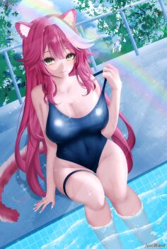 1girl absurdres animal_ears artist_name bare_shoulders blue_sky breasts cleavage closed_mouth cloud cloudy_sky commentary covered_navel day extra_ears fingernails hair_intakes highres hololive hololive_english large_breasts long_hair lucemarvell multicolored_hair nail_polish outdoors panther_ears panther_girl panther_tail pink_hair pink_lips plant pool poolside pulling_own_clothes raora_panthera school_swimsuit signature sitting sky soaking_legs solo strap_pull streaked_hair swimsuit tail thighs two-tone_hair virtual_youtuber white_nails yellow_eyes