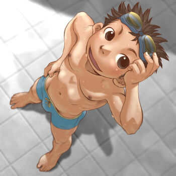 1boy barefoot goggles goggles_on_head hada_toshiya hand_on_own_hip highres male_focus nipples open_mouth original short_hair solo standing swimsuit wet