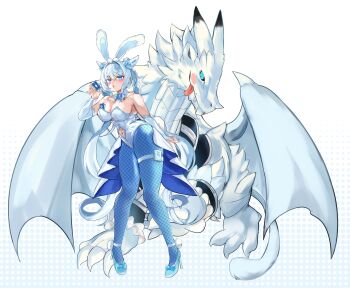 1girl absurdres animal_ear_fluff animal_ears bare_shoulders blue_eyes blue_pantyhose blush bow bowtie breasts bridal_gauntlets burko_(fate) card cat_ears cat_girl cat_tail cleavage clothing_cutout detached_collar detached_sleeves dobrynya_nikitich_(fate) dragon fate/grand_order fate_(series) fishnet_pantyhose fishnets full_body high_heels highleg highleg_leotard highres klash large_breasts leotard long_hair looking_at_viewer low_ponytail navel navel_cutout pantyhose playboy_bunny playing_card ponytail rabbit_ears tail white_hair white_leotard