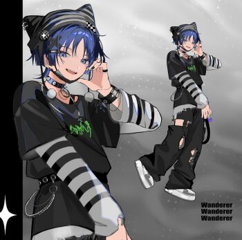 1boy absurdres animal_ear_headwear animal_ears asymmetrical_pants baggy_pants bandaid bandaid_hair_ornament beanie belt belt_buckle black_belt black_hat black_mask black_nails black_pants black_shirt black_sleeves blue_pupils blunt_ends buckle candy cat_ears chain character_name choppy_bangs curled_fingers detached_pants e-kid_fashion earflap_beanie earrings eyeliner eyeshadow fake_animal_ears fangs fingernails food genshin_impact hair_ornament hand_up hat highres jewelry layered_sleeves lollipop long_sleeves looking_at_viewer makeup male_focus mask mouth_mask o-ring open_mouth pants paw_pose pom_pom_(clothes) purple_eyes purple_hair red_eyeliner red_eyeshadow rtms scaramouche_(genshin_impact) shirt shoes short_sleeves solo striped_clothes striped_headwear striped_sleeves teeth torn_clothes torn_pants torn_sleeves tsurime upper_teeth_only wanderer_(genshin_impact) white_shoes white_sleeves wristband zoom_layer