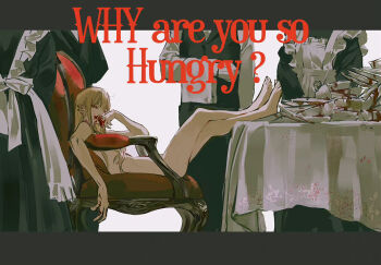 1boy 3girls ambiguous_red_liquid apron ashaf black_dress black_pants black_vest blonde_hair chair convenient_censoring crossed_legs dress ear_piercing empty_plate english_text feet_on_table head_out_of_frame huangdanlan letterboxed long_hair looking_at_viewer maid majo_to_yajuu multiple_girls nude on_chair pants piercing plate plate_stack reclining shirt solo_focus tablecloth vest waiter white_apron white_shirt