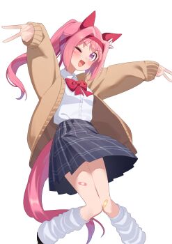 1girl absurdres animal_ears bandaid bandaid_on_leg blush bow breasts brown_cardigan cardigan collared_shirt commentary double_v ear_bow ear_covers flower-shaped_pupils flower_in_eye freely2327 hairband haru_urara_(umamusume) headband highres horse_ears horse_girl horse_tail long_hair looking_at_viewer loose_socks one_eye_closed open_cardigan open_clothes open_mouth pink_eyes pink_hair pink_headband plaid_clothes plaid_skirt ponytail red_bow red_headband shirt shoes simple_background skirt small_breasts smile socks solo symbol-shaped_pupils symbol_in_eye tail umamusume untranslatable_commentary v white_background white_shirt white_socks