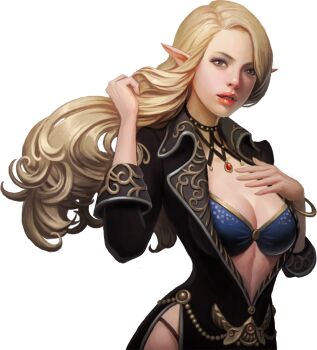 Rule 34 | 1girl, artist request, bangle, blonde hair, bracelet, breasts, chaos online, elena (chaos online), female focus, grey eyes, jewelry, large breasts, long hair, looking at viewer, official art, parted lips, pointy ears, solo, transparent background