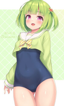 1girl :d blue_one-piece_swimsuit breasts collarbone commentary_request cowboy_shot cropped_shirt green_hair hair_ornament highres long_sleeves looking_at_viewer medium_hair one-piece_swimsuit open_mouth original planet_hair_ornament purple_eyes sailor_collar sailor_shirt sasaame school_swimsuit serasuku shirt sleeves_past_wrists small_breasts smile solo swimsuit thigh_gap two_side_up white_sailor_collar
