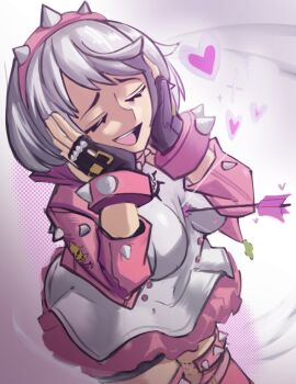 1girl absurdres ahoge arrow_(projectile) bad_id bad_twitter_id bob_cut boots bracelet breasts closed_eyes collar dress elphelt_valentine guilty_gear guilty_gear_strive hairband hands_up head_rest heart highres jacket jewelry large_breasts moxydraws open_mouth pink_boots pink_collar pink_hairband pink_jacket raised_eyebrows short_hair shorts_under_dress smile solo spiked_bracelet spiked_collar spiked_hairband spiked_jacket spiked_thighlet spikes teeth thigh_boots upper_teeth_only white_hair