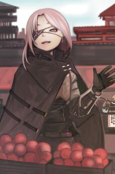 1boy 1girl absurdres architecture armor cloak commentary_request earrings east_asian_architecture eyepatch gloves green_eyes highres jewelry lacker_strike_(akkira_setsu) market medium_hair open_mouth original outdoors pink_hair smile solo_focus sword warrior waving weapon