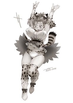 1girl animal_ears animal_print blush bow bowtie breasts buruma cat_ears cat_girl cat_tail covered_erect_nipples dress elbow_gloves extra_ears falling floating_hair full_body gloves high-waist_skirt kemono_friends large_breasts midair navel nyororiso_(muyaa) open_mouth outstretched_arms print_bow print_bowtie print_dress print_skirt serval_(kemono_friends) shirt shoes short_hair skirt sleeveless solo tail thighhighs