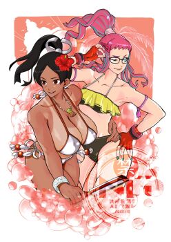 2girls adjusting_eyewear bare_shoulders bikini black_hair blue_eyes bracelet breasts brown_eyes cleavage closed_mouth collarbone fatal_fury fatal_fury:_city_of_the_wolves fingerless_gloves flat_chest flower folded_fan folding_fan frilled_bikini frills glasses gloves hair_flower hair_ornament halterneck hand_fan hand_on_another&#039;s_waist hand_on_own_hip high_ponytail highres holding holding_fan jewelry large_breasts long_hair motoyui multiple_girls nail_polish necklace one_eye_closed orange_nails parted_lips pink_hair ponytail preecha_(fatal_fury) red_flower red_gloves rocohisaya shiranui_mai side-tie_bikini_bottom smile swimsuit tan tanline white_bikini