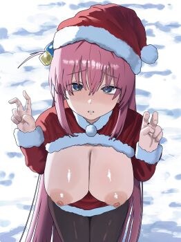 1girl alternate_costume black_pantyhose blue_eyes bocchi_the_rock! breasts breasts_out commentary cowboy_shot cube_hair_ornament double_v english_commentary gotoh_hitori hair_between_eyes hair_ornament hat highres large_breasts light_blush long_hair looking_at_viewer moecode nipples one_side_up outdoors pantyhose parted_lips pink_hair santa_costume santa_hat snow solo v very_long_hair