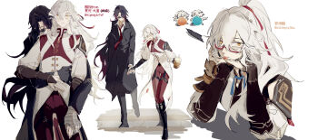 2boys bespectacled black_coat blade_(honkai:_star_rail) blue_hair boots coat full_body glasses hair_between_eyes hair_over_one_eye hair_ribbon highres holding_hands honkai:_star_rail honkai_(series) hug hug_from_behind jing_yuan long_hair long_sleeves male_focus mississipping multiple_boys multiple_views necktie open_clothes open_coat pants parted_bangs ponytail red_ribbon ribbon simple_background white_background white_hair yaoi yellow_eyes